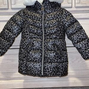 Leopard Print Puffer Coat with Faux Fur Hood